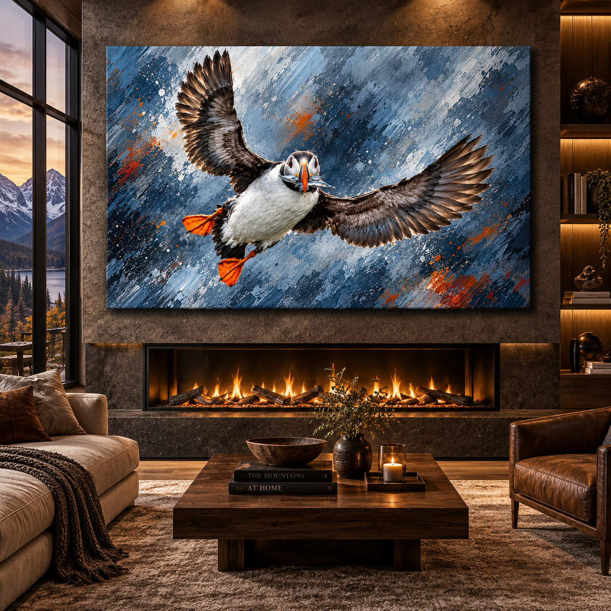 Atlantic Puffin with Fish Wrapped Canvas Wall Art – Flying Seabird Wildlife Painting