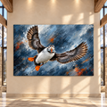 Atlantic Puffin with Fish Wrapped Canvas Wall Art – Flying Seabird Wildlife Painting