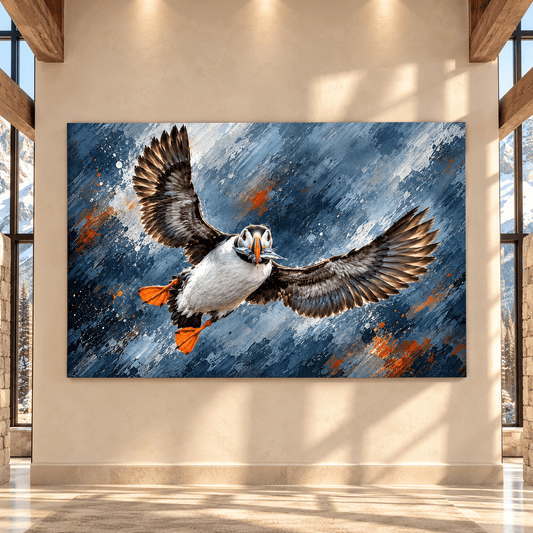 Atlantic Puffin with Fish Wrapped Canvas Wall Art – Flying Seabird Wildlife Painting - ART OF ROYALS