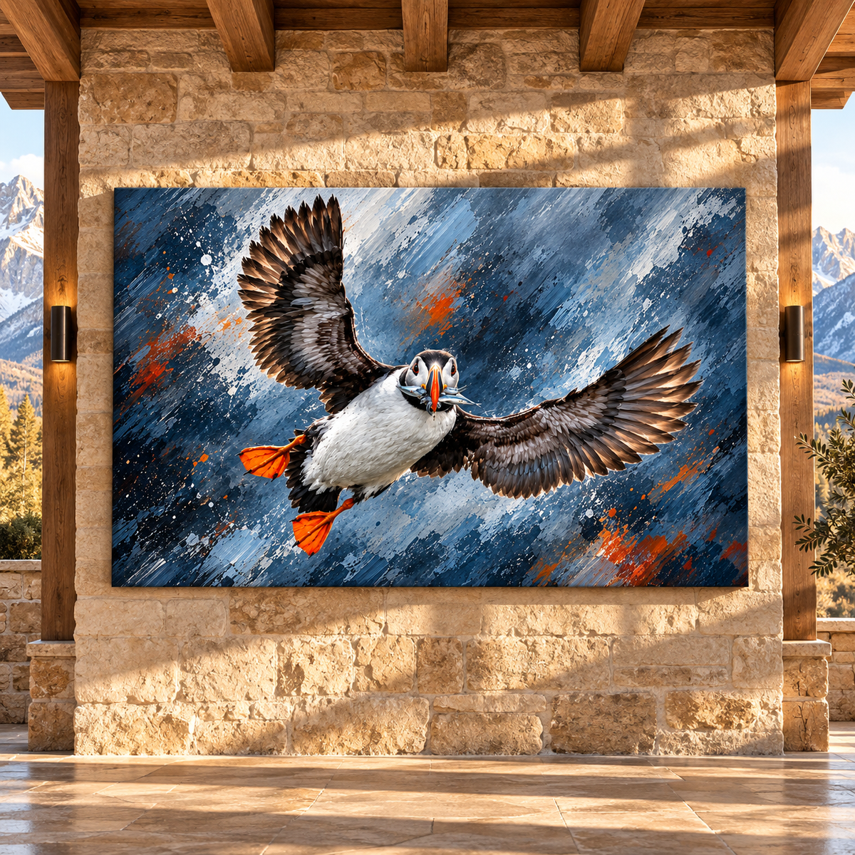 Atlantic Puffin with Fish Wrapped Canvas Wall Art – Flying Seabird Wildlife Painting