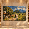 Mountain Ranch Canvas Wall Art – Cowboys, Horses and Cattle with Rustic Farmhouse