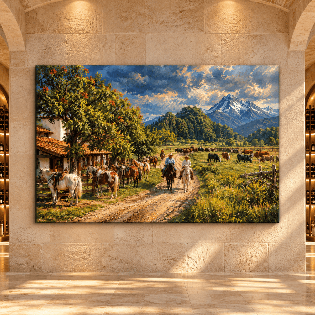 Mountain Ranch Canvas Wall Art – Cowboys, Horses and Cattle with Rustic Farmhouse - ART OF ROYALS
