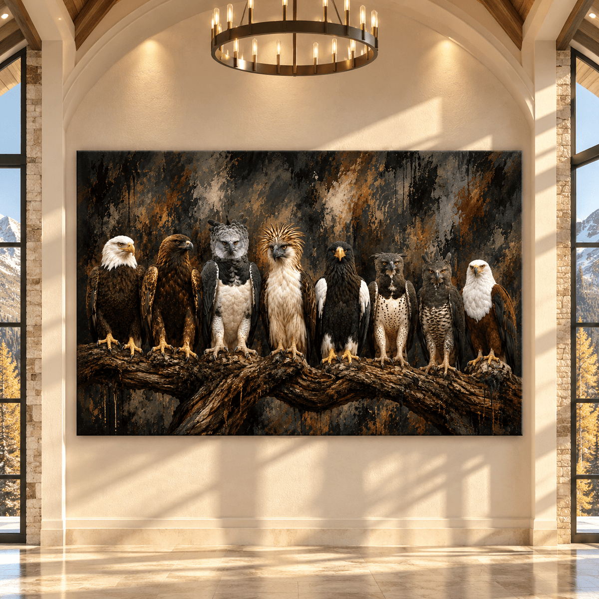Majestic Birds of Prey Canvas Wall Art – Seven Eagles and Raptors on Branch Wildlife Oil Painting - ART OF ROYALS