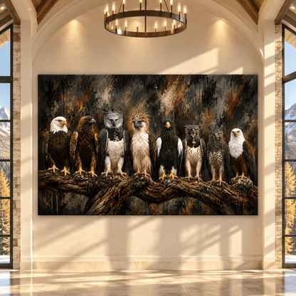 Majestic Birds of Prey Canvas Wall Art – Seven Eagles and Raptors on Branch Wildlife Oil Painting - ART OF ROYALS