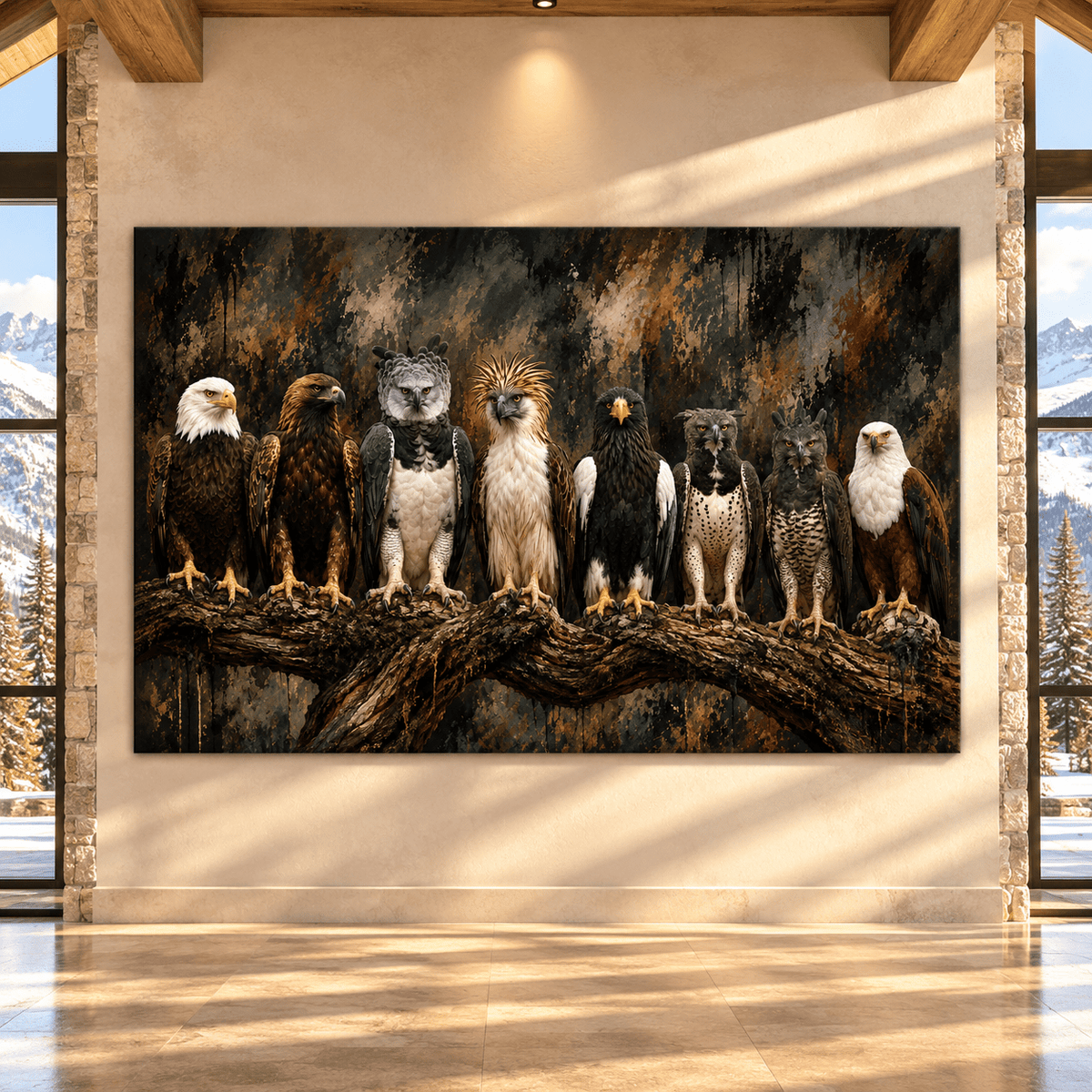 Majestic Birds of Prey Canvas Wall Art – Seven Eagles and Raptors on Branch Wildlife Oil Painting - ART OF ROYALS