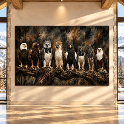 Majestic Birds of Prey Canvas Wall Art – Seven Eagles and Raptors on Branch Wildlife Oil Painting - ART OF ROYALS