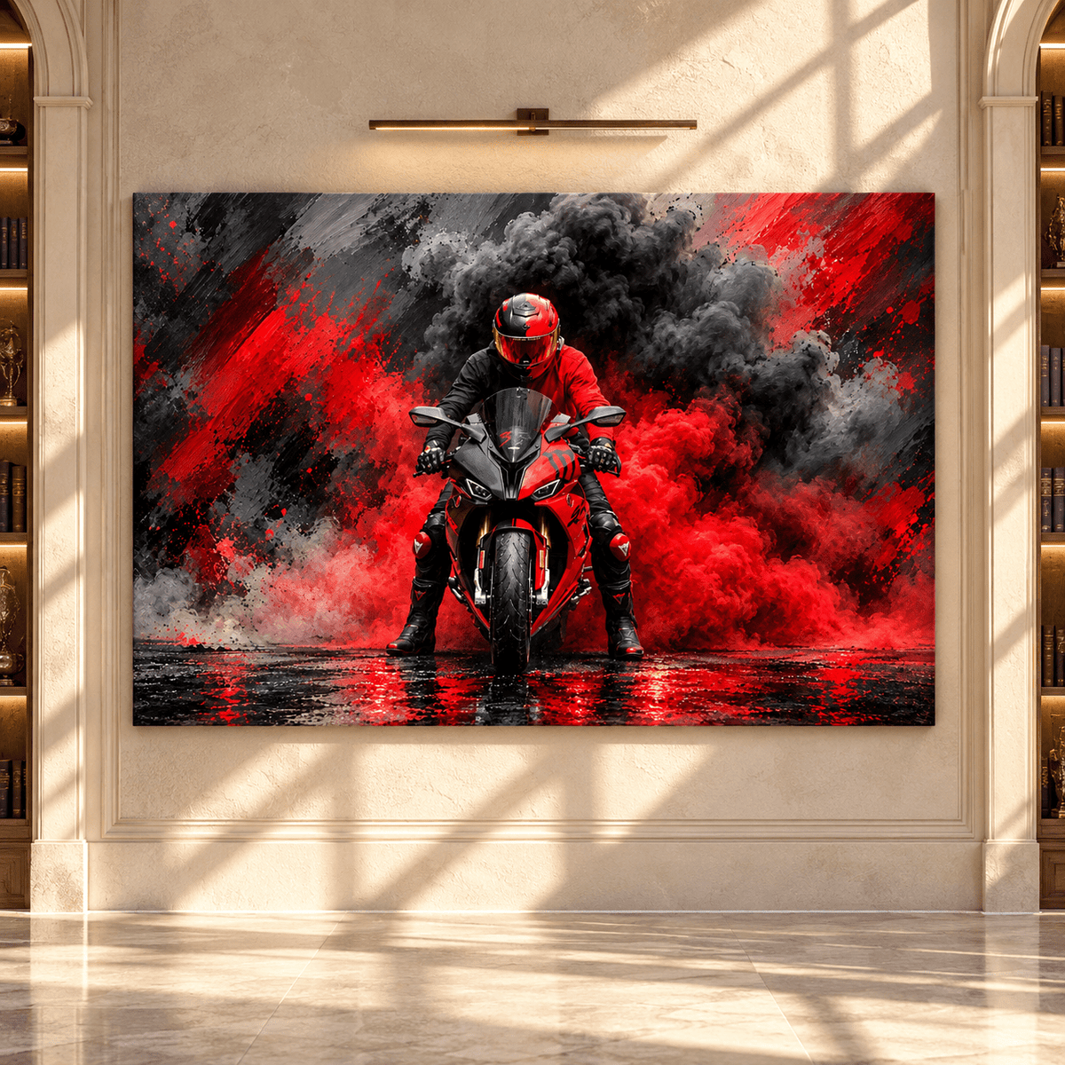 Red Sport Motorcycle Rider Wrapped Canvas Wall Art – Superbike with Red Smoke Racing Painting