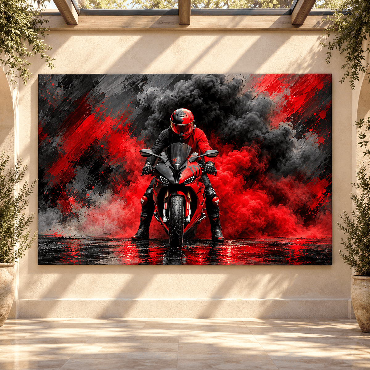 Red Sport Motorcycle Rider Wrapped Canvas Wall Art – Superbike with Red Smoke Racing Painting