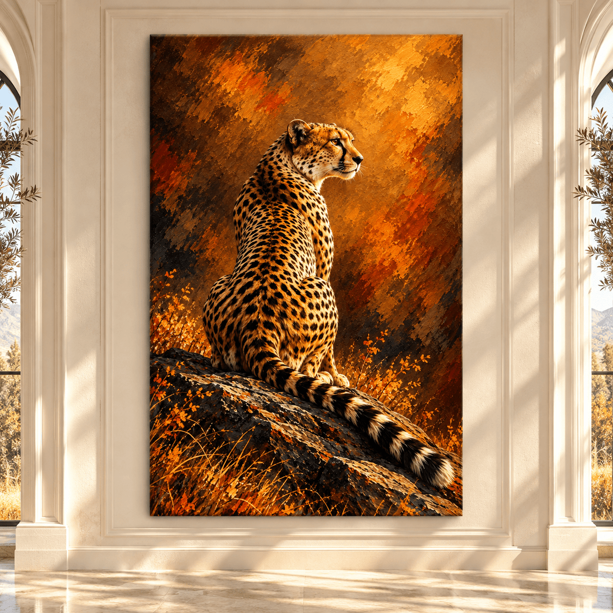 African Cheetah on Rocky Ledge Wrapped Canvas Wall Art – Golden Big Cat Wildlife Painting