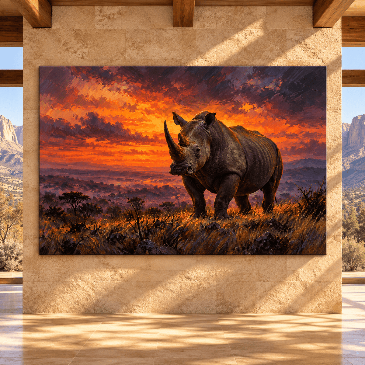 Black Rhinoceros at Sunset Wrapped Canvas Wall Art – African Rhino Wildlife Painting