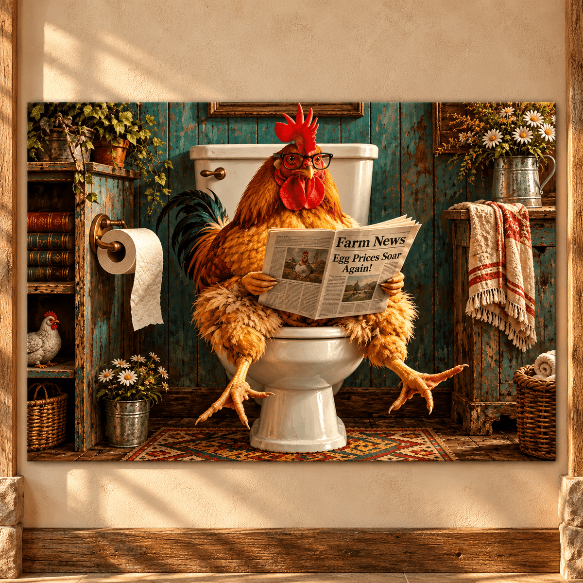 Funny Rooster Reading Newspaper Canvas Wall Art – Egg Prices Soar Again Rustic Farmhouse Bathroom Painting - ART OF ROYALS