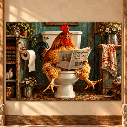 Funny Rooster Reading Newspaper Canvas Wall Art – Egg Prices Soar Again Rustic Farmhouse Bathroom Painting - ART OF ROYALS