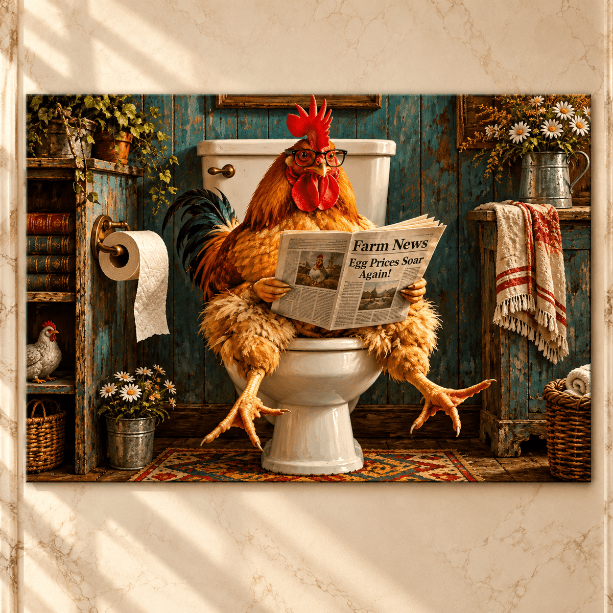 Funny Rooster Reading Newspaper Canvas Wall Art – Egg Prices Soar Again Rustic Farmhouse Bathroom Painting - ART OF ROYALS