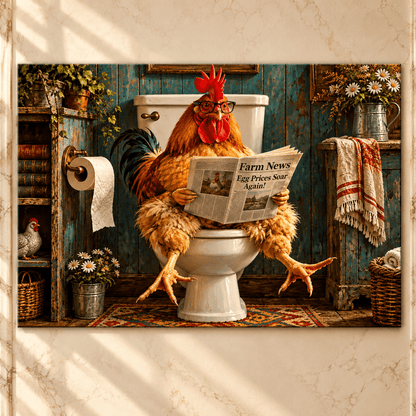 Funny Rooster Reading Newspaper Canvas Wall Art – Egg Prices Soar Again Rustic Farmhouse Bathroom Painting - ART OF ROYALS