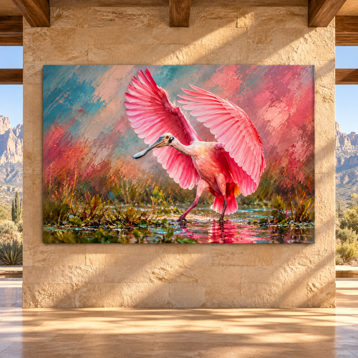 Roseate Spoonbill Wrapped Canvas Wall Art – Pink Wetland Bird Wildlife Painting