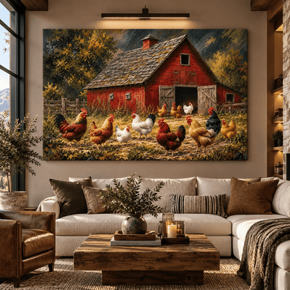 Red Barn with Roosters and Hens Canvas Wall Art – Rustic Farmhouse Chicken Flock Painting - ART OF ROYALS