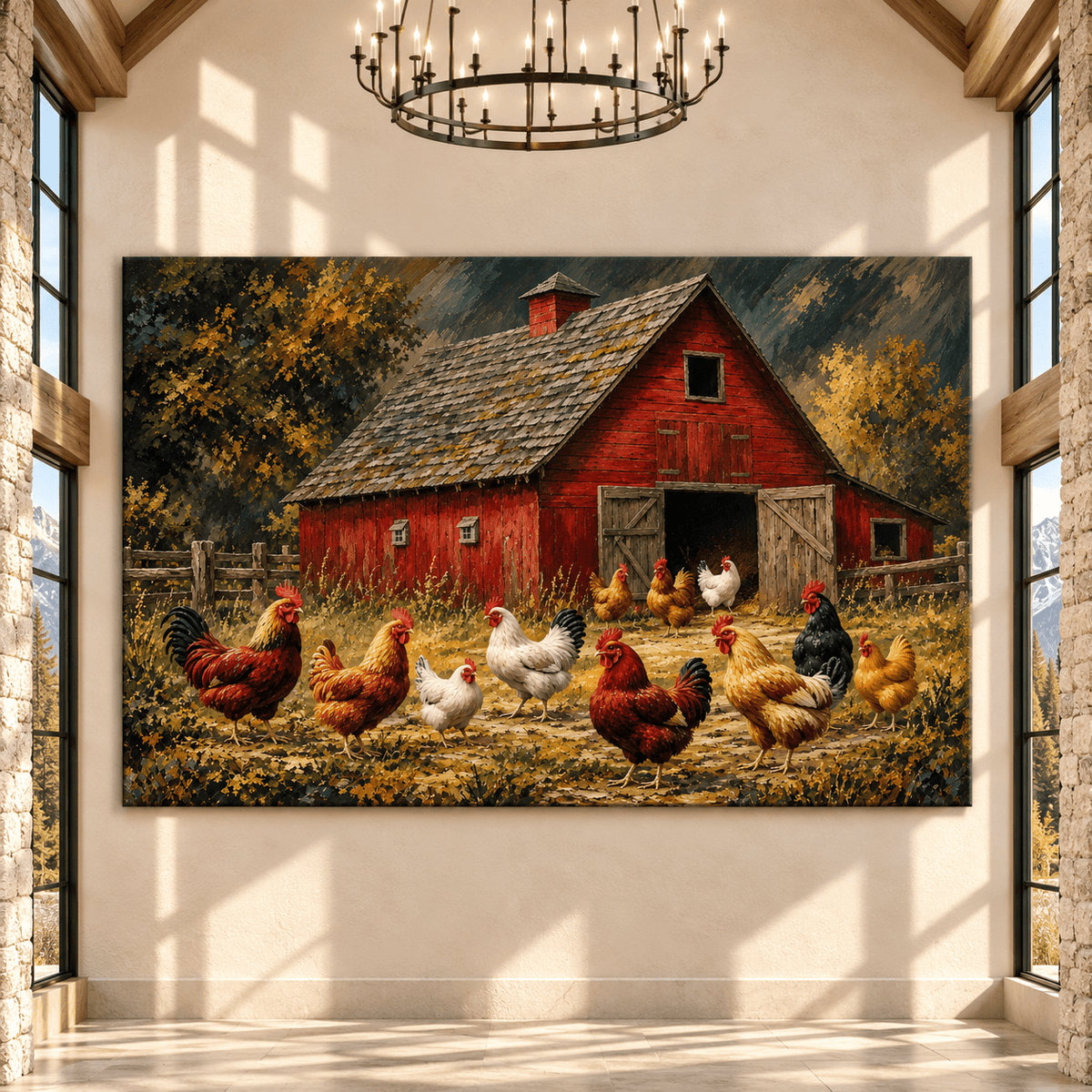 Red Barn with Roosters and Hens Canvas Wall Art – Rustic Farmhouse Chicken Flock Painting - ART OF ROYALS