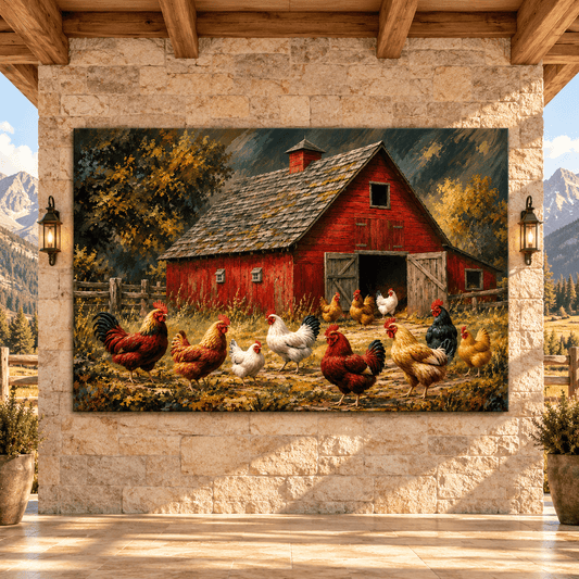 Red Barn with Roosters and Hens Canvas Wall Art – Rustic Farmhouse Chicken Flock Painting - ART OF ROYALS