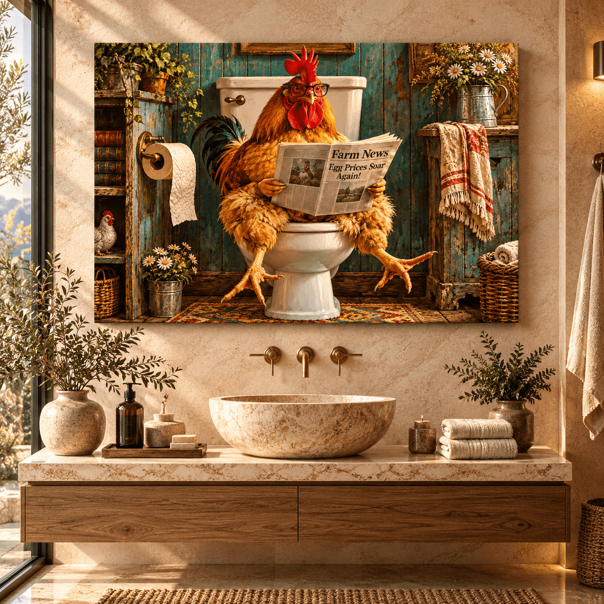 Funny Rooster Reading Newspaper Canvas Wall Art – Egg Prices Soar Again Rustic Farmhouse Bathroom Painting - ART OF ROYALS