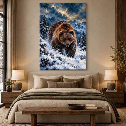 Grizzly Bear in Snow Wrapped Canvas Wall Art – Winter Mountain Wildlife Painting