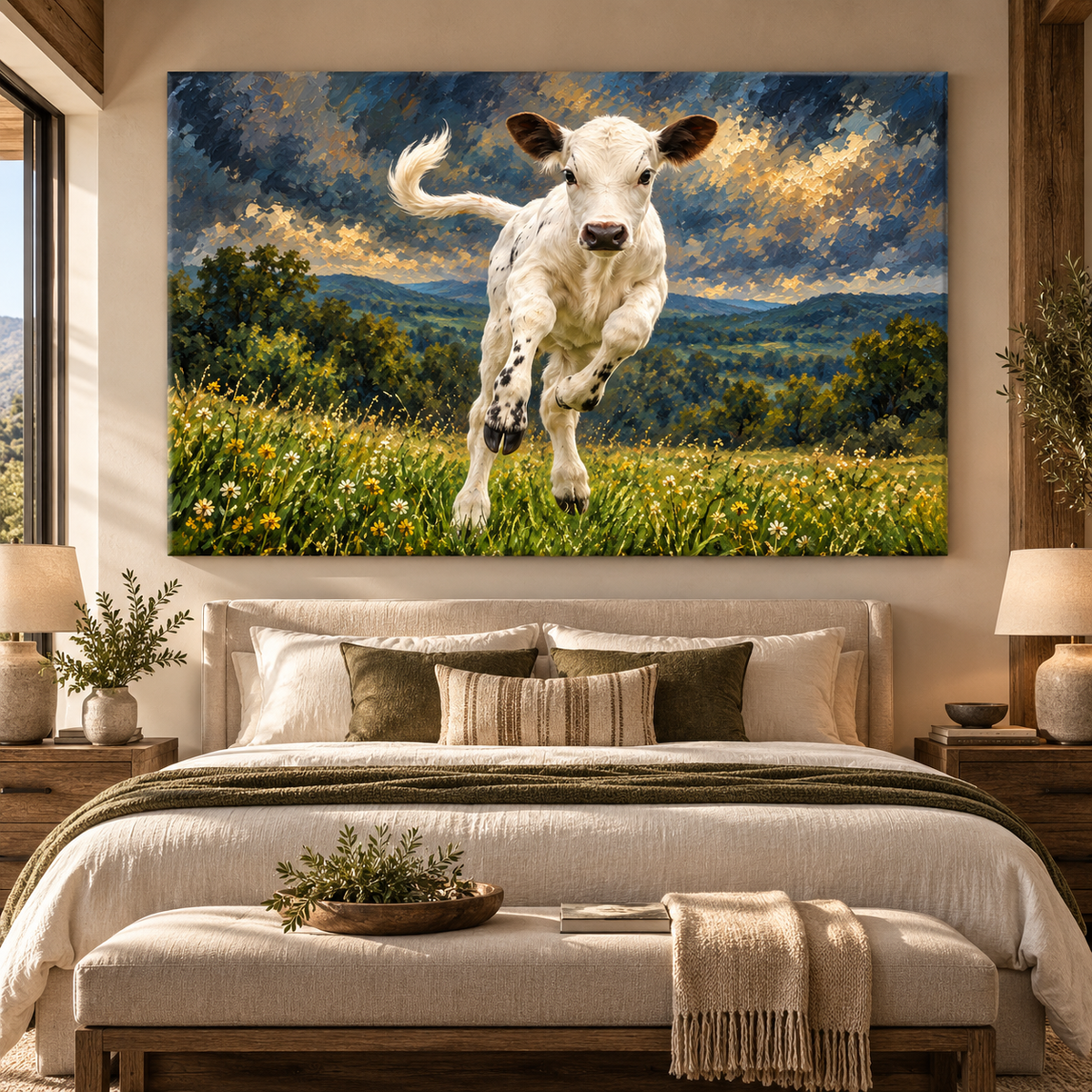 Speckle Park Calf Wrapped Canvas Wall Art – Playful White & Black Calf Meadow Painting