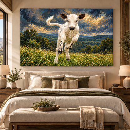 Speckle Park Calf Wrapped Canvas Wall Art – Playful White & Black Calf Meadow Painting