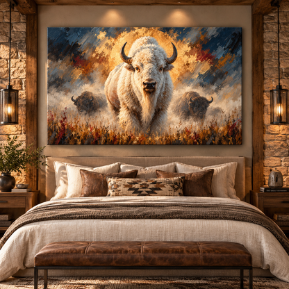 White American Bison Wrapped Canvas Wall Art – Rare White Buffalo Herd Painting