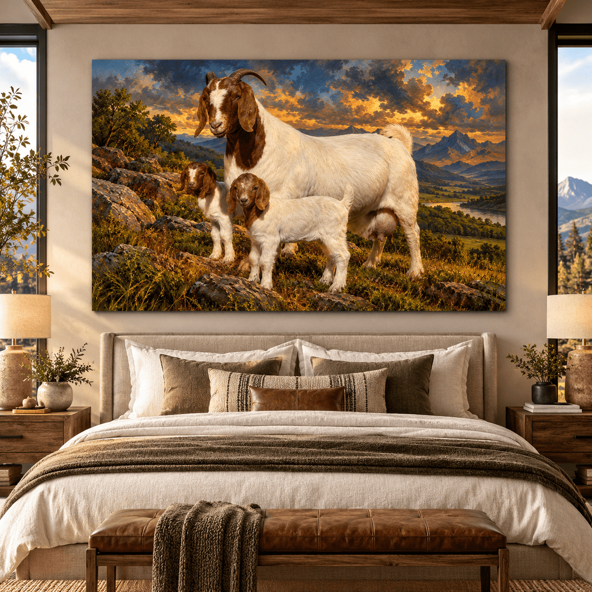 Boer Goat Family Canvas Wall Art – Mother Goat with Two Kids at Golden Sunset Oil Painting - ART OF ROYALS