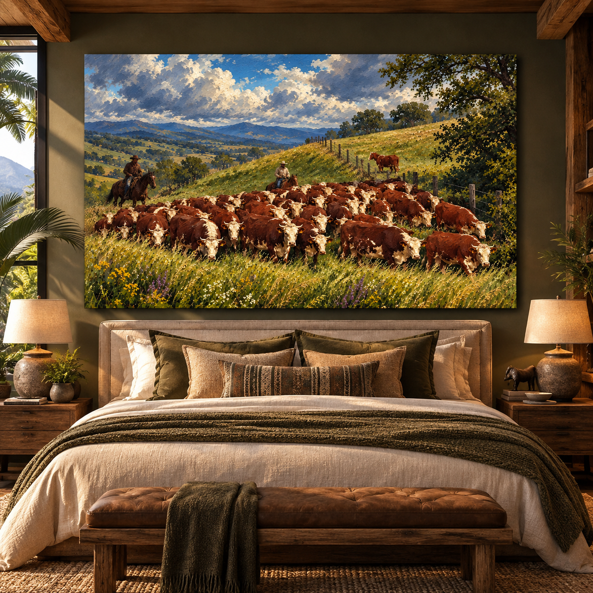 Hereford Cattle Herd & Cowboys Wrapped Canvas Wall Art – Western Ranch Landscape Painting