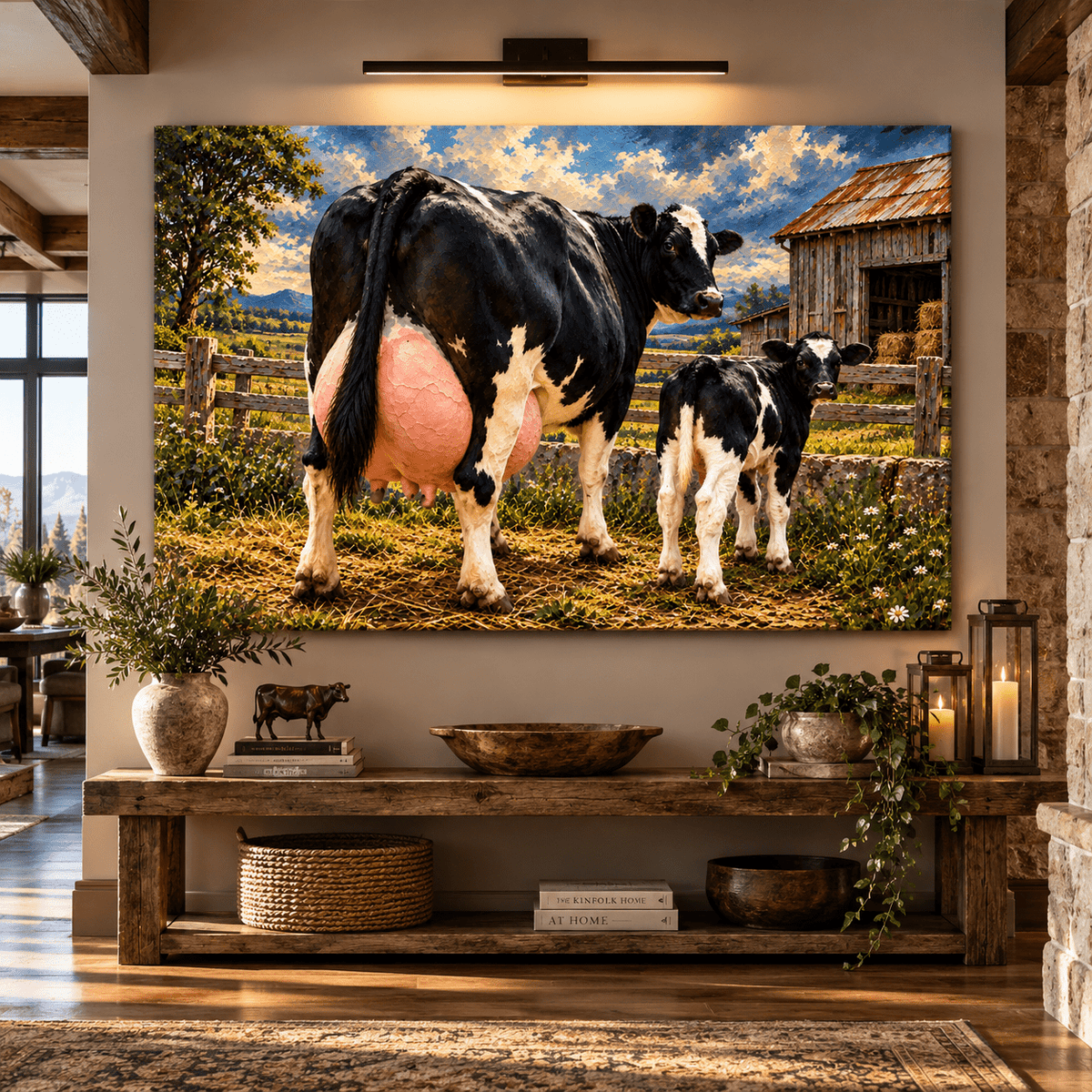 Holstein Dairy Cow and Calf Canvas Wall Art – Black and White Farm Cattle Rustic Barn Oil Painting - ART OF ROYALS