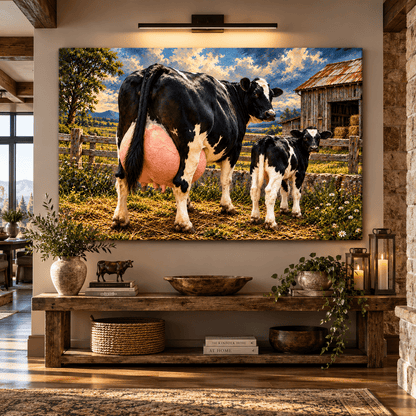 Holstein Dairy Cow and Calf Canvas Wall Art – Black and White Farm Cattle Rustic Barn Oil Painting - ART OF ROYALS