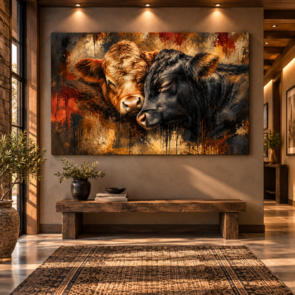 Hereford & Black Angus Cattle Wrapped Canvas Wall Art – Rustic Cow Pair Painting