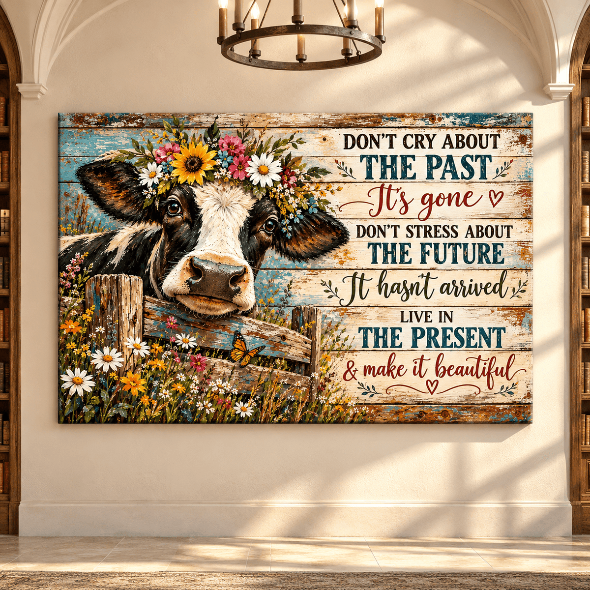 Inspirational Holstein Cow Canvas Wall Art – Live in the Present Farmhouse Quote Painting - ART OF ROYALS