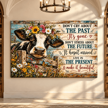 Inspirational Holstein Cow Canvas Wall Art – Live in the Present Farmhouse Quote Painting - ART OF ROYALS