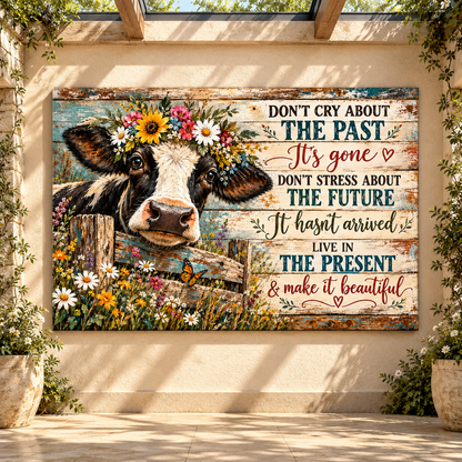 Inspirational Holstein Cow Canvas Wall Art – Live in the Present Farmhouse Quote Painting - ART OF ROYALS