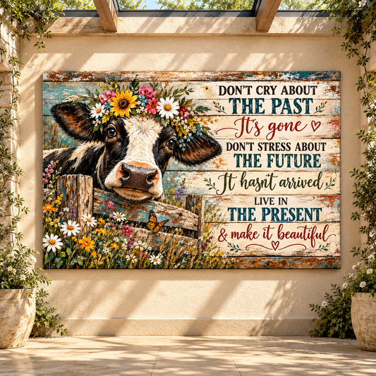 Inspirational Holstein Cow Canvas Wall Art – Live in the Present Farmhouse Quote Painting - ART OF ROYALS