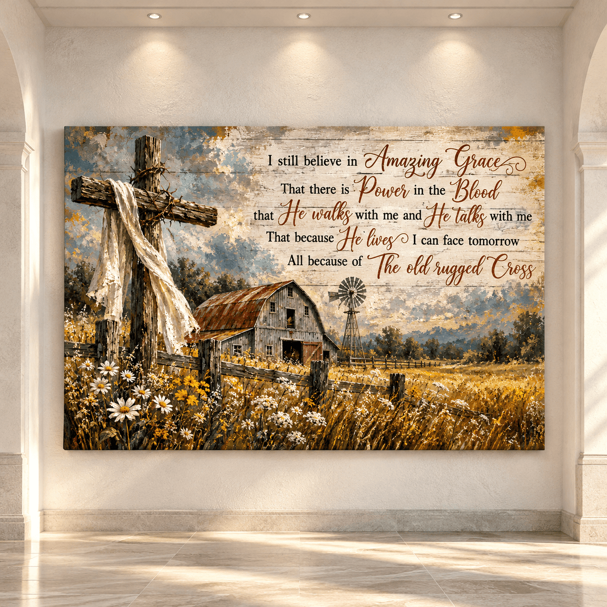 I Still Believe in Amazing Grace Canvas Wall Art – Rustic Christian Cross and Farmhouse Barn Painting - ART OF ROYALS