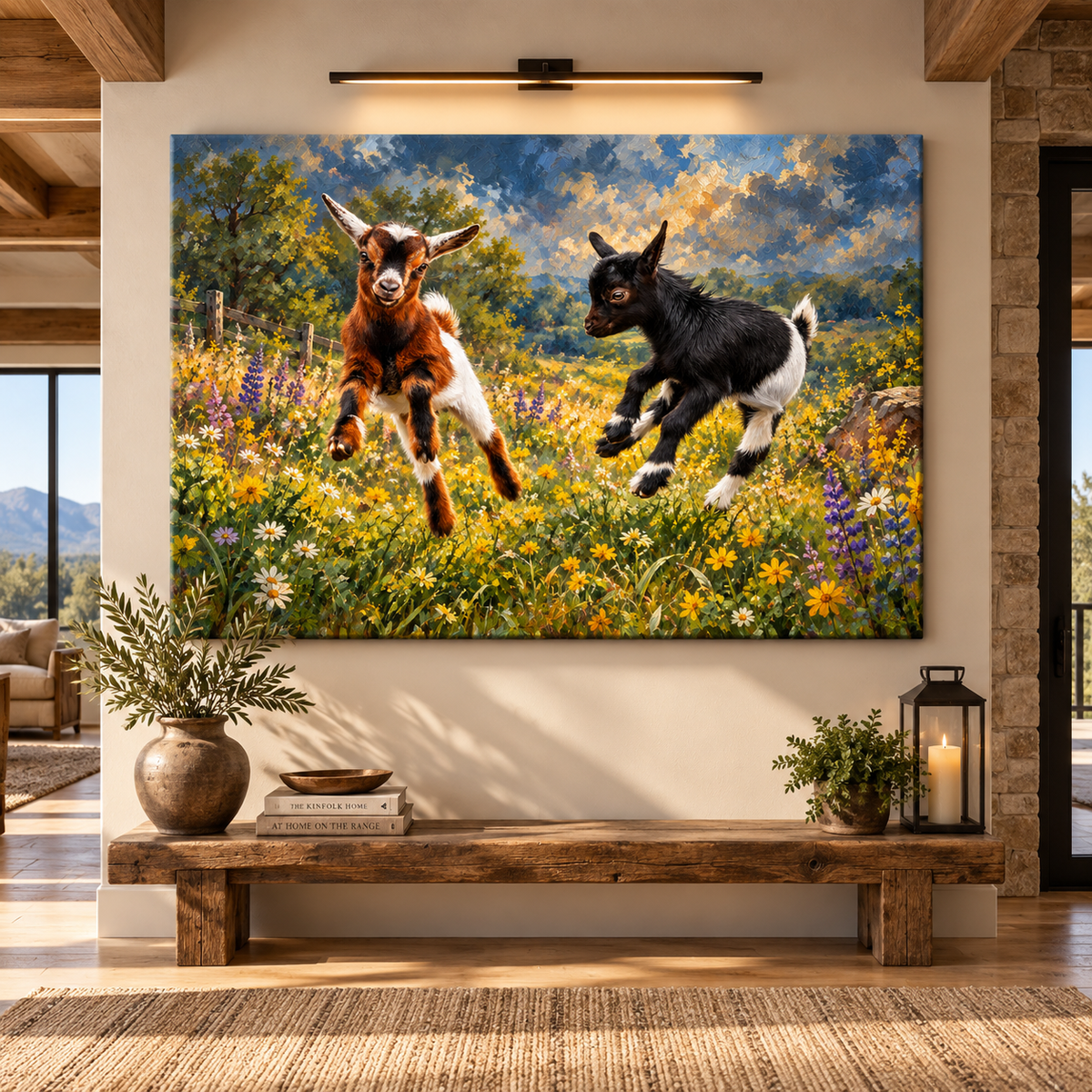 Nigerian Dwarf Goat Kids Wrapped Canvas Wall Art – Playful Baby Goats in Wildflower Meadow Painting