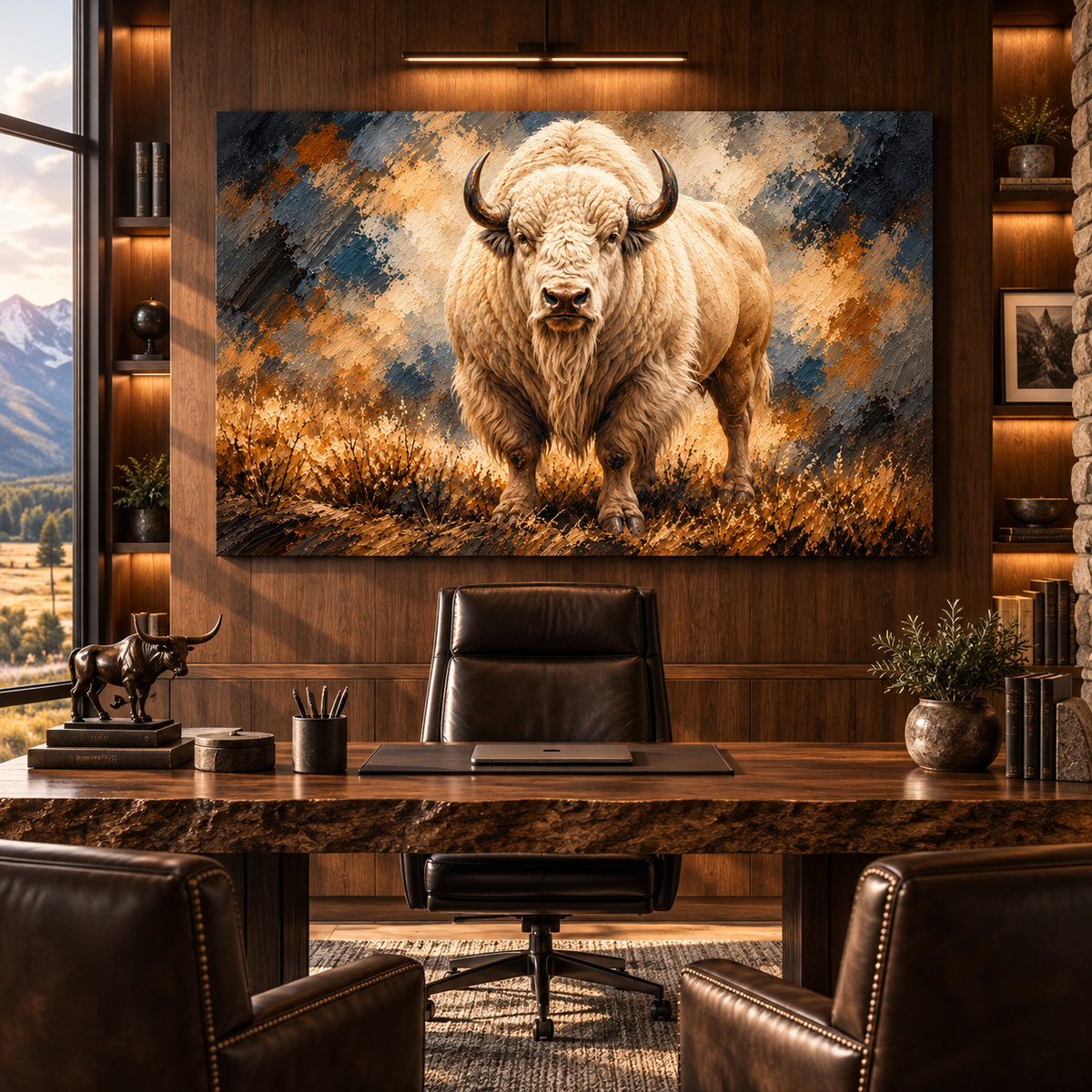 White American Bison Wrapped Canvas Wall Art – Majestic White Buffalo Wildlife Painting