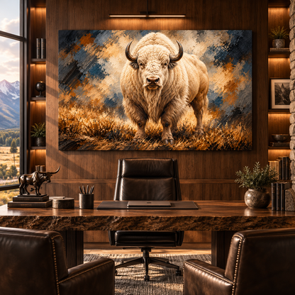 White American Bison Wrapped Canvas Wall Art – Majestic White Buffalo Wildlife Painting