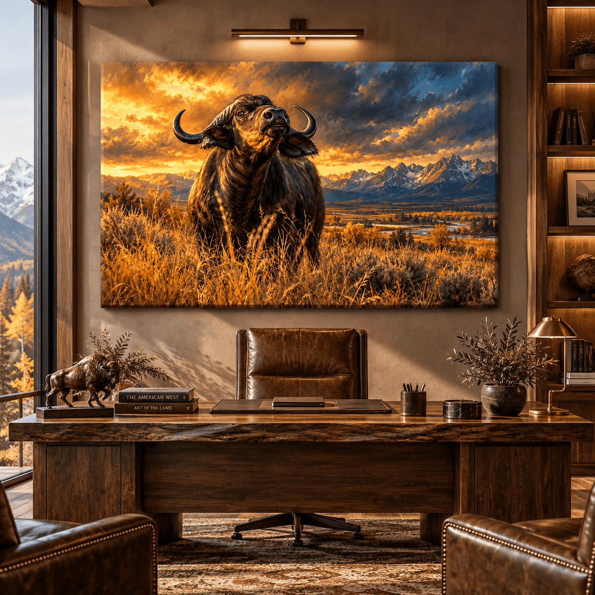 African Buffalo Canvas Wall Art – Cape Buffalo at Golden Sunset Mountain Landscape Oil Painting - ART OF ROYALS