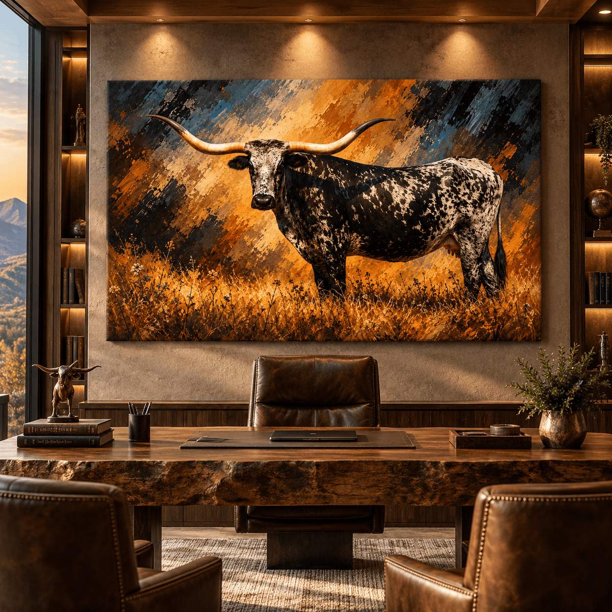 Black and White Texas Longhorn Cow Wrapped Canvas Wall Art – Speckled Longhorn Cattle Painting - ART OF ROYALS