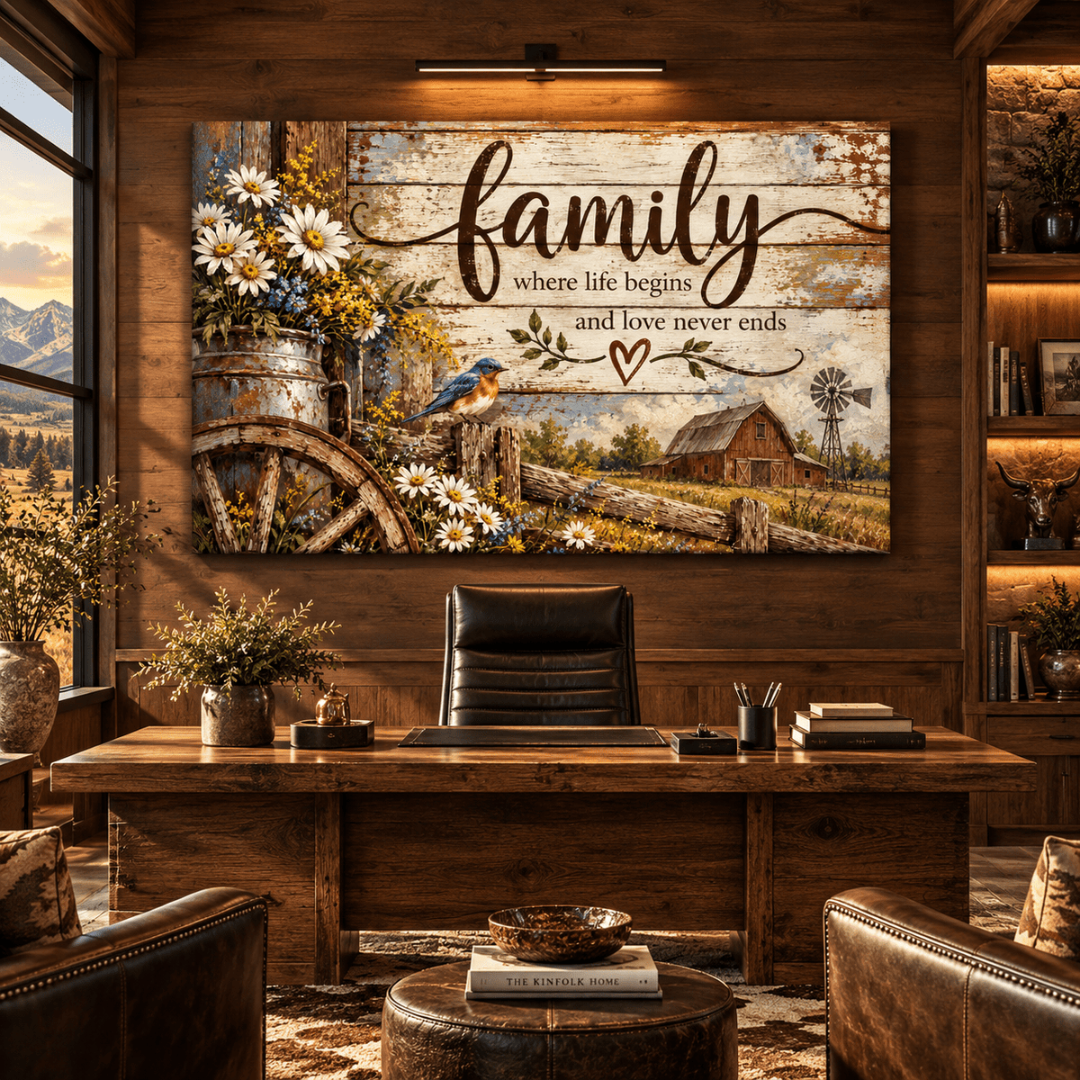 Family Where Life Begins Canvas Wall Art – Rustic Farmhouse Family Love Quote with Bluebird and Wildflowers - ART OF ROYALS