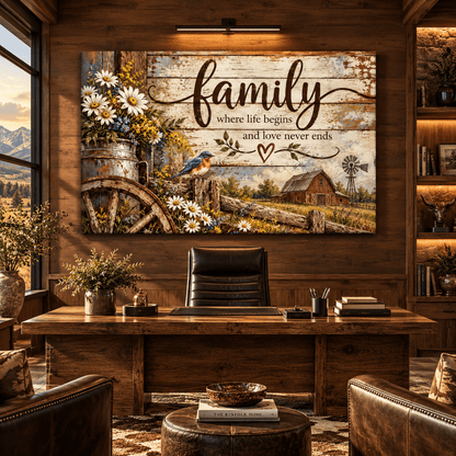 Family Where Life Begins Canvas Wall Art – Rustic Farmhouse Family Love Quote with Bluebird and Wildflowers - ART OF ROYALS