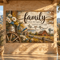 Family Where Life Begins Canvas Wall Art – Rustic Farmhouse Family Love Quote with Bluebird and Wildflowers