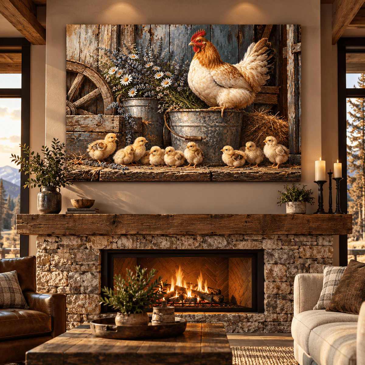 Mother Hen with Baby Chicks Wrapped Canvas Wall Art – Rustic Farmhouse Chicken and Wildflower Painting - ART OF ROYALS