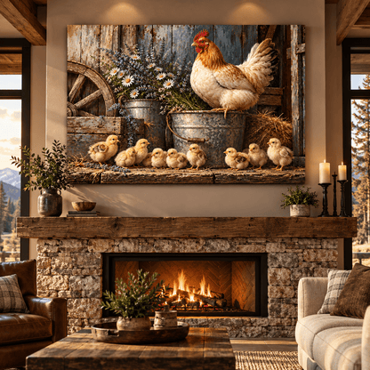 Mother Hen with Baby Chicks Wrapped Canvas Wall Art – Rustic Farmhouse Chicken and Wildflower Painting - ART OF ROYALS