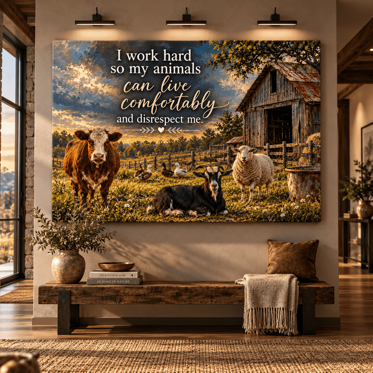 Funny Farm Animals Quote Wrapped Canvas Wall Art – I Work Hard So My Animals Can Live Comfortably Rustic Farmhouse Painting - ART OF ROYALS