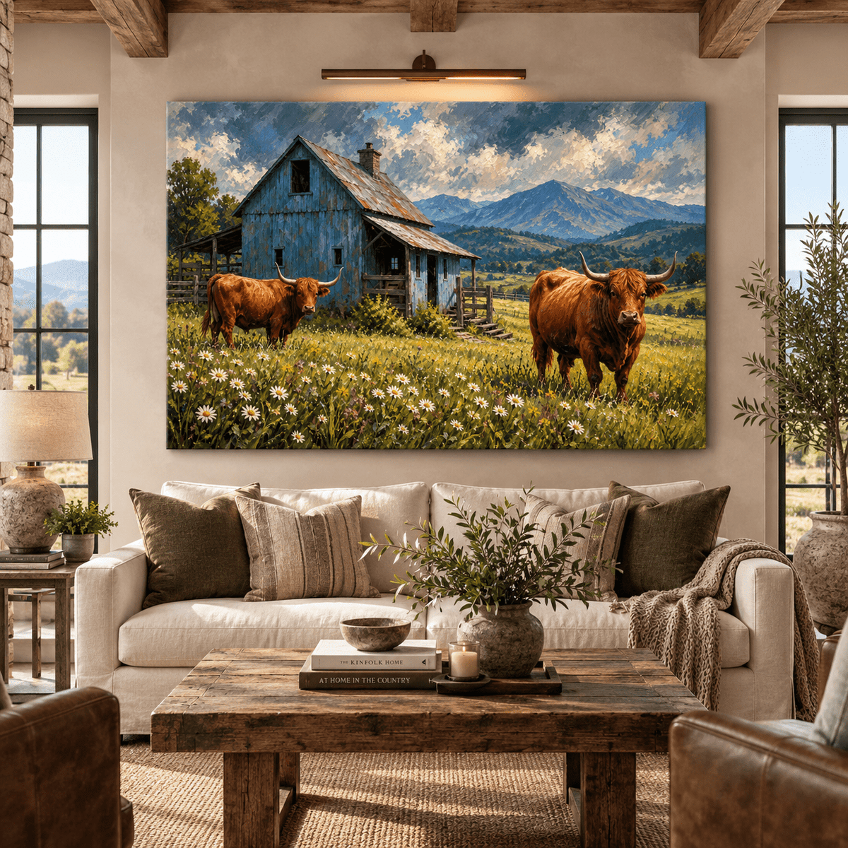 Scottish Highland Cows by Blue Rustic Barn Wrapped Canvas Wall Art – Mountain Farmhouse Landscape Painting - ART OF ROYALS