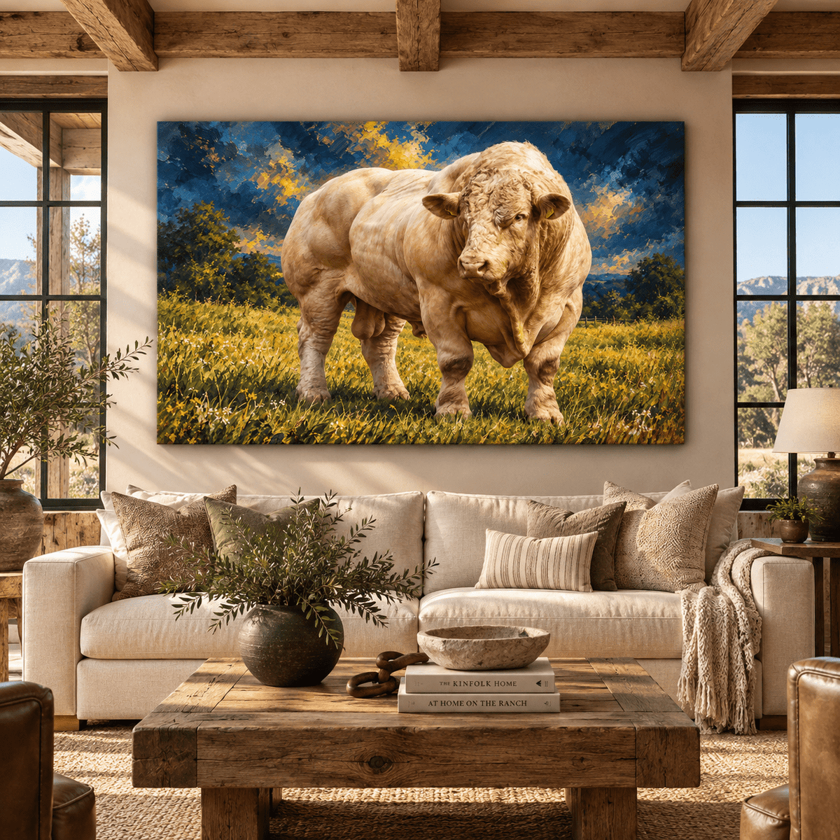 Charolais Bull Canvas Wall Art – Majestic Cream White Cattle in Golden Pasture Oil Painting - ART OF ROYALS